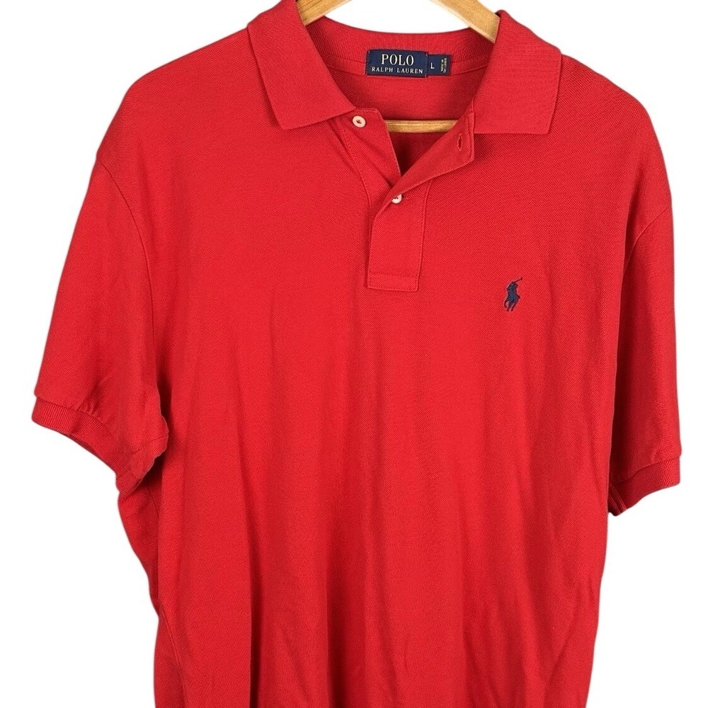 Polo Ralph Lauren Mens Red Pique Short Sleeve Polo Shirt Navy Blue Pony Large